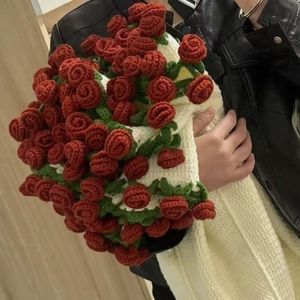 Handmade Knitted Rose Bouquet <b>Blanket</b> Red Floral Medium <b>Weight</b> Polyester Eco-Friendly Gift For Autumn Winter Bedding - Product Image 2