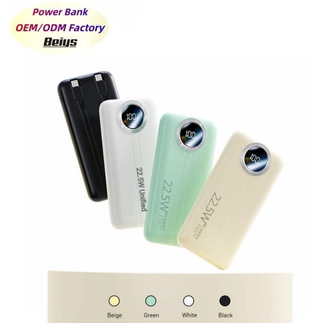 OEM/ODM 10000mAh Digital Display Power Bank Portable Type-C PD 22.5W Fast Charging LI-Polymer Battery Built-in 2-wire Cable