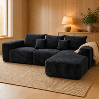 Canapé sectionnel modulaire en velours côtelé bleu marine avec chaise longue et rembourrage en mousse, design à profil bas pour salon Japandi écoresponsable