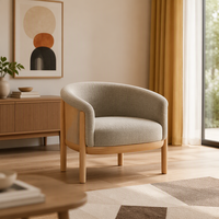 Fauteuil de salle à manger BST moderne en bois de frêne avec dossier en forme de baril et revêtement en tissu gris pour salle à manger et café
