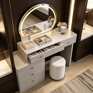 Full Cream <b>Vanity</b> Set Irregular Cloud LED Mirror Chest Hidden Handle Vertical Fluted Gold Base Stool Walk-in Closet Makeup Desk - Product Image 6