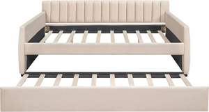 Canale verticale trapuntato testiera Full Size Daybed telaio strascico imbottito in velluto <span class=keywords><strong>Beige</strong></span> divano <span class=keywords><strong>letto</strong></span> per soggiorno <span class=keywords><strong>camera</strong></span> <span class=keywords><strong>da</strong></span> <span class=keywords><strong>letto</strong></span> - Product Image 5