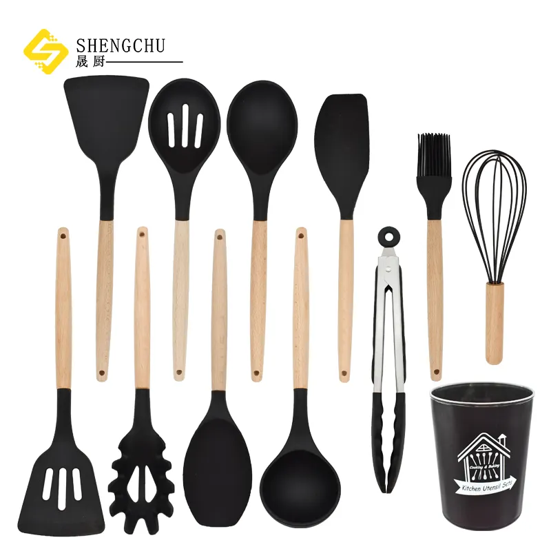 Cheap 12 pieces Silicone Kitchen Utensil Set Black Food Grade Cooking Tools Set with beech wooden handle
