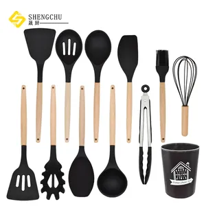 Juego de utensilios de cocina de silicona, herramientas de cocina de grado alimenticio negro con mango de madera de haya, barato, 12 piezas