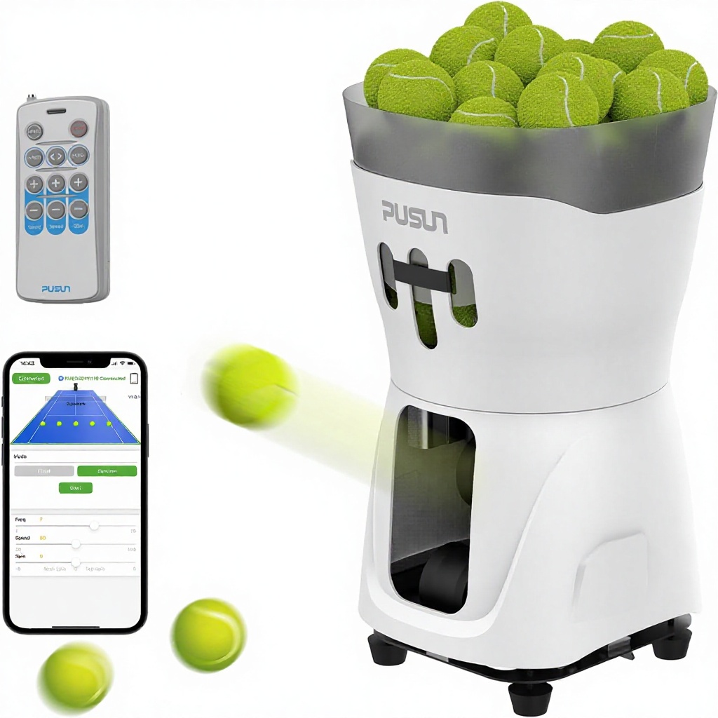 PUSUN PT-Mini Pro Portable Tennis Ball Machine with App-Controlled Remote 65+ Balls Capacity Easy to Use