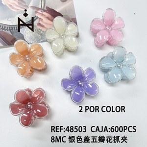 Fermaglio per capelli a forma di fiore a cinque petali con tassello argentato 8MC, 2 pezzi per colore, scatola da 600 pezzi - Product Image 3