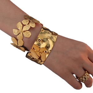 Customizable Flower Cuff <b>Bracelet</b> Bangle 18k <b>Gold</b> Plated Stainless Steel <b>Chunky</b> Hammer Wide Opening Bangles <b>Bracelet</b> for Women - Product Image 1