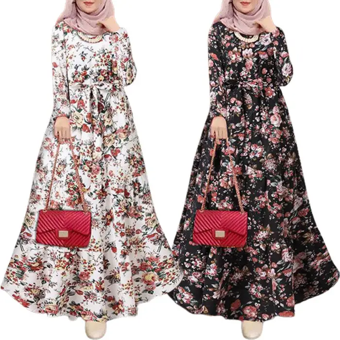 2023 Elegant Floral Muslim Dress Women Printed Sundress Kaftan Turkey Abaya Hijab Vestidos Belted Female Robe Islam Clothing