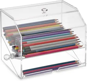 适用于家庭办公室，可容纳透明丙烯酸铅笔分配器支架散装铅笔存储和分配带盖塑料铅笔支架