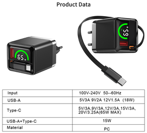AI Smart GaN <b>USB</b> Charger Retractable <b>Cable</b> and TFT Display Fast <b>Charging</b> for i phone charger with <b>cable</b> - Product Image 5