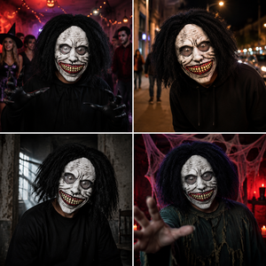 Masque intégral en latex de <span class=keywords><strong>d</strong></span>émon souriant effrayant avec perruque noire bouclée – Accessoire amusant et original pour Halloween, cosplay, maison hantée, fête costumée - Product Image 4