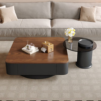 Ensemble de table basse carrée minimaliste moderne en bois massif de noyer avec tiroirs pour salon, haut de gamme, subtilement luxueux