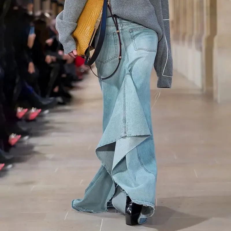 OUDINA New Fashion Jeans röcke für Damen Damen Retro Design Hohe Taille Doppelseitiger Schlitz Plissee A-Linie Langer Rock