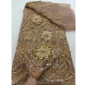 Tissu en Tulle Écologique Brodé Main 3D Floral Perlé et Strassé, Maille Lourde Faite Main, 5 Yards pour Robe de Mariée et de Soirée - Product Image 1