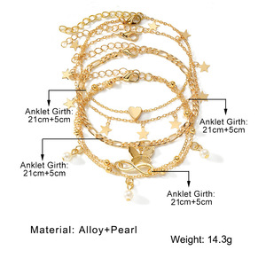 Lot de 4 Bracelets de Cheville Tendance en Alliage Doré avec Perles d'Imitation, Breloques Papillon et Cœur, Superposés, Bijoux de Fête pour Femme, Nouveauté 2024 - Product Image 3