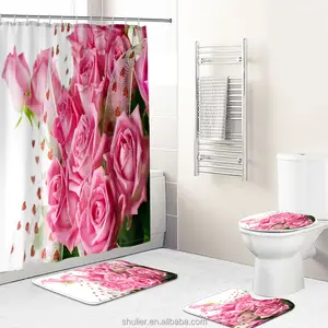 Rosa Blumen Rose Badezimmer-Sets, Blumenmuster Wasserdichtes Polyester-Stoff-Set mit Haken, Duschvorhang-Sets 4 Stück