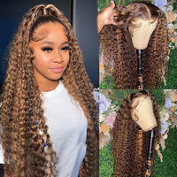 Perruques Lace Front en cheveux humains, mèches marron miel, sans colle, dentelle HD suisse transparente, ondulées profondes et bouclées, vente en gros