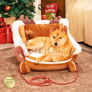 Lit de chien de Noël en forme de traîneau en peluche festif lit chaud pour animaux de compagnie de vacances pour petits chiens et chats - Product Image 2