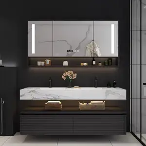 Modern banyo vanity Led ayna dolap banyo tezgahı çift entegre kaya taş lavabo