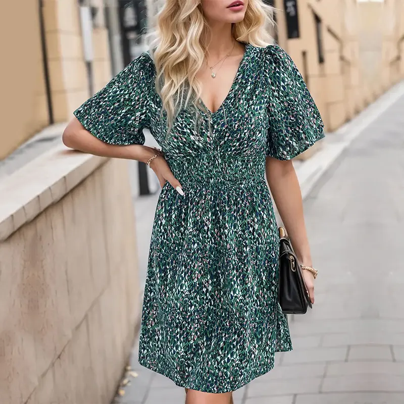 Fashion V Neck Long Sleeve Wrap Style Ruffle Hem Mini Flower Dress Lady Elegant Floral Print Women Dress