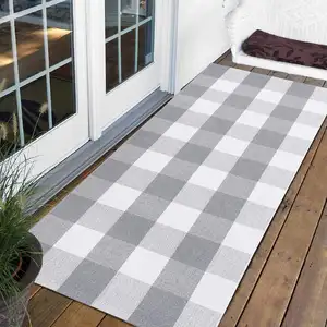 水牛格子地毯8 'x 10' 黑白棉手工编织方格地毯可洗多功能区域地毯