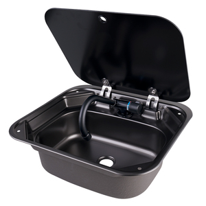 Évier <span class=keywords><strong>pour</strong></span> <span class=keywords><strong>camping</strong></span>-<span class=keywords><strong>car</strong></span>, caravane, bateau, cuisine, en acier inoxydable gris foncé avec couvercle en verre trempé et robinet pliable - Product Image 6