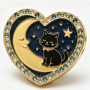 Épingle en métal plaqué or en forme de cœur avec motif chat noir, lune et étoiles, émail dur, alliage de zinc, thème animal, Saint-Valentin - Product Image 1