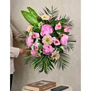 <b>Artificial</b> Pink Rose and Daisy <b>Bouquet</b> Decorative Wreath and Swag Floral Arrangement for Home Wedding Wall Decor - Product Image 2