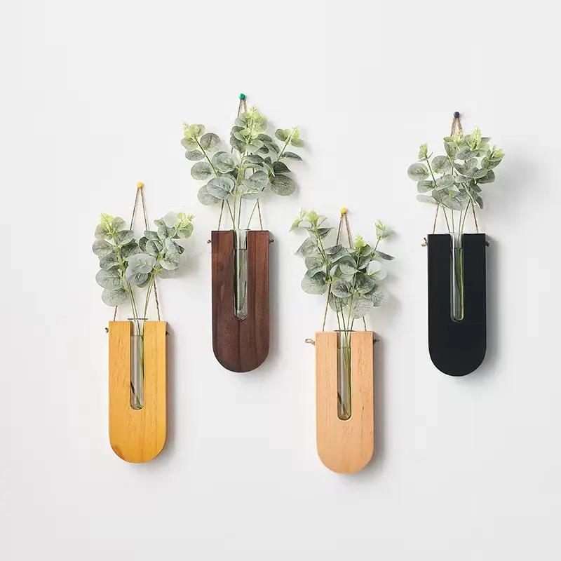 Arranjador de flores de bambu com tubo simples hidropônico de madeira maciça, vaso de vidro minimalista para parede, novos produtos