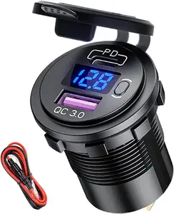 PD Type C USB Car Charger Socket and QC 3.0 Quick Charger Car Power Outlet Socket with ON/Off Switch LED Voltmeter 12V/24V