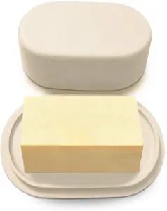 白色奶油黄油盘，带盖子，用于台面现代竹黄油缸完美尺寸黄油架容器