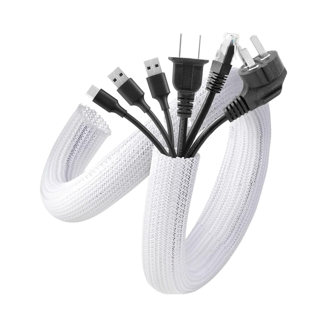 5ft 1.2 Inch White Nylon Braided Cable Sleeves 2 Pack Cord Management Wire Organizer Desk Home Office Wire Cover Hider Pet