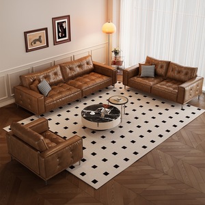 Vintage Italian Minimalist Oil Wax Leather Modern Style <b>Three</b> Seat Modular Sponge for Hotel Apartment - Product Image 2