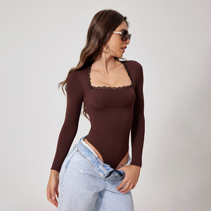 Mono de encaje de manga larga elegante desnudo elástico de alta calidad Base de baile de Ballet Delgado Sexy de una pieza deporte Fitness mono de encaje - Product Image 2
