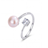 Joyería Más Vendida: Anillo Ajustable de Plata S925 con Perla de Agua Dulce Rosa y Circonita Cúbica