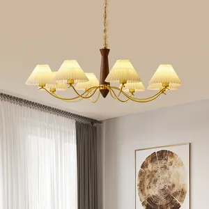 Stoff-Lampe-Schirm Kronleuchter für Esszimmer Wohnzimmer 8-Licht Holz-Lampe Licht Vorrichtung Retro Kupfer Massivholz-Anhänger