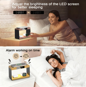 New arrivals tre tự nhiên Máy tính để bàn <span class=keywords><strong>LED</strong></span> ánh sáng ban đêm kỹ thuật số Đồng hồ báo thức nhanh chóng không dây sạc Dock bằng gỗ 5-in-1 điện thoại không dây - Product Image 5