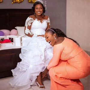 African Cross Border Bride Wedding Dress Plus Size Slim Fit Mermaid Train Sweetheart Neckline Ruffles Pure White - Product Image 2