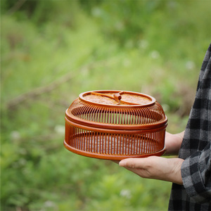 <b>Bamboo</b> Woven Covered Fruit Basket Round Handmade Food <b>Container</b> Kitchen Storage Basket Single Tier - Product Image 4