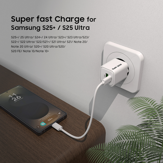 2026 Hot Selling GaN 30W PD 3.0 Type C+USB a Fast Charger with PC Fireproof Shell Quick Charger for Phone/tablet/earphone/camera