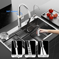 Évier de cuisine carré multifonctionnel en acier inoxydable 316L, finition satinée, à montage sous plan, avec robinet et passoire, modèle Volcano Nano, fabriqué à la main par MOSHE