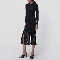Robe mi-longue côtelée pour femmes, élégante, tricotée, à franges, mode, jupe côtelée