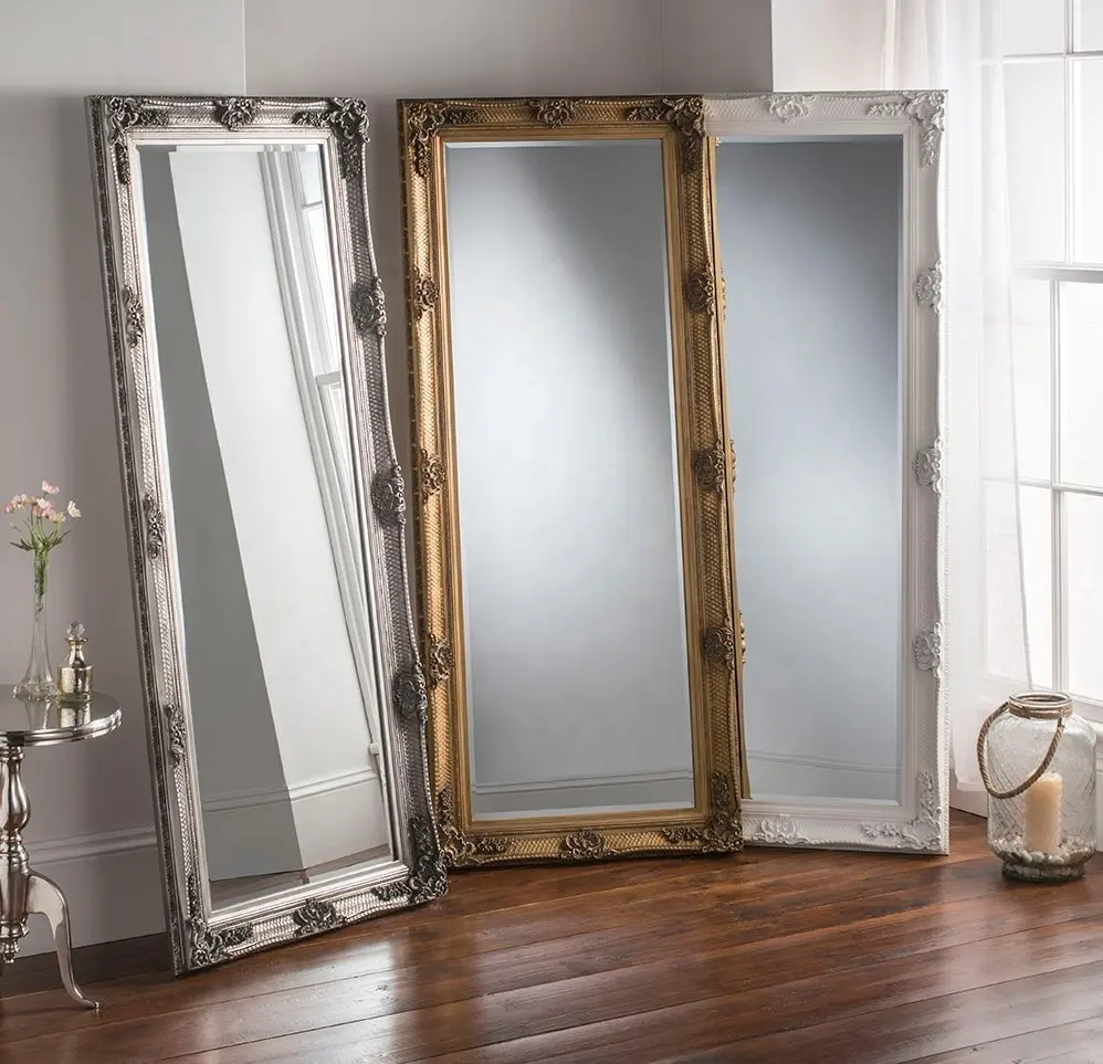Cermin Dinding Antik Ukiran Mewah Kayu Bingkai Dekorasi Rumah Dukungan Cermin Miring 1 Buah/Karton Setiap Hari 62X148Cm