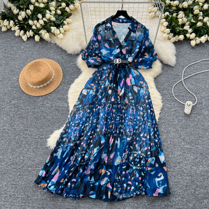 Vestido largo con cuello en V de estilo étnico para mujer, estampado de gasa plisado, decoración de encaje informal, estilo dulce, boutiques gratis - Product Image 4