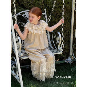 YOEHYAUL 25102 estate ragazze senza maniche con collo arruffato <span class=keywords><strong>pantaloni</strong></span> larghi in lino Set t-shirt in pizzo ricamato <span class=keywords><strong>pantaloni</strong></span> di pizzo <span class=keywords><strong>per</strong></span> bambini - Product Image 5