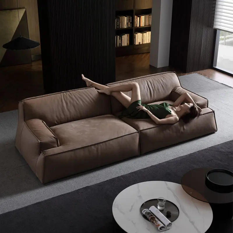 Sofa Kulit Italia dengan Hiasan Kayu Gaya Modern Sofa Kulit Studio Sofa Hari Rumah
