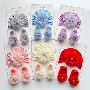 Vente chaude <span class=keywords><strong>0</strong></span>-12 <span class=keywords><strong>Mois</strong></span> Bébé Chaussettes Avec De Grandes Fleurs Mignon Arc Chapeaux Cadeau Coton Chaussettes Ensemble - Product Image 1