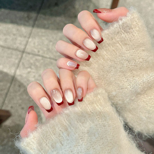 <span class=keywords><strong>Uñas</strong></span> Postizas Francesas Vintage Color <span class=keywords><strong>Vino</strong></span> Tinto, <span class=keywords><strong>Uñas</strong></span> Postizas Rojas Brillantes Hechas a Mano para Otoño Invierno, Blanqueamiento de Piel - Product Image 2