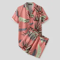 Custom Zomer Mannen Hawaiian Stijl Afdrukken Korte Mouw Nylon Knop Shirt En Strand Shorts Set Voor Mannen