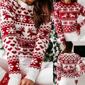 Wholesale Christmas Deer Casual New Warm Acrylic Long Sleeve O-Neck Loose Autumn Winter Pullover Soft Knitted Women's Sweater
